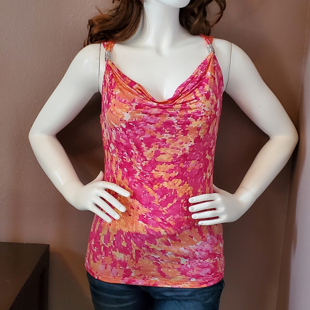 CACHÉ pink & orange cowl neck knit top M